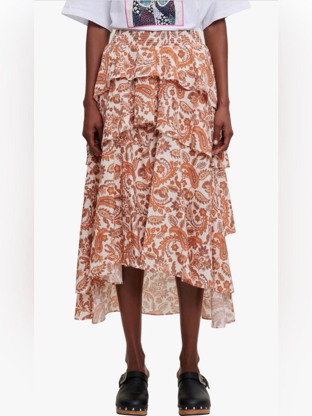 Maje Justy Paisley Tiered Ruffle Cotton Skirt, NWT